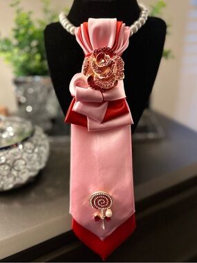 Satin Pink & Red double tie with Floral Brooch & lollipop bottom brooch